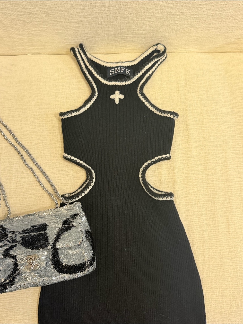 SMFK Black Ribbed Knit Cut Out Bodycon Dress with White Crochet Trim